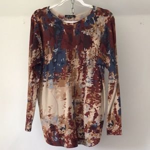 Charlie B multi colored abstract long sleeve crew neck sweater, pockets, ribbing